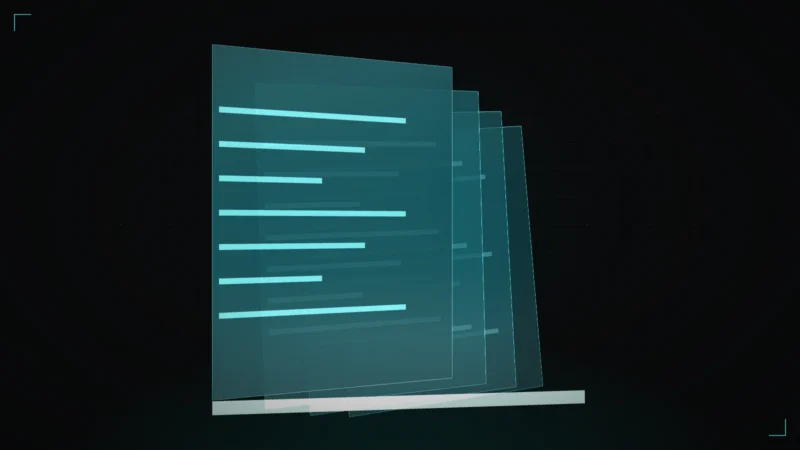 Abstract 3D stack of translucent documents under a scanning line