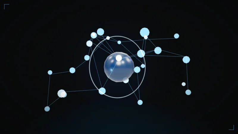 Abstract 3D identity graph of glowing nodes linked around a central core