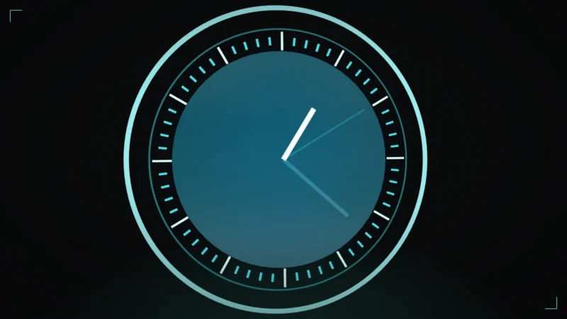Abstract 3D clock face with glowing hands and a tick ring, in T4TRUST brand colours