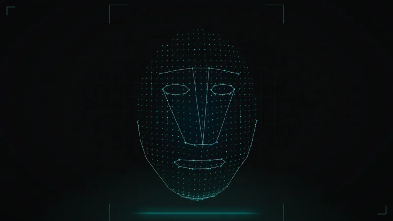 Abstract 3D face mesh rendered as a glowing point cloud