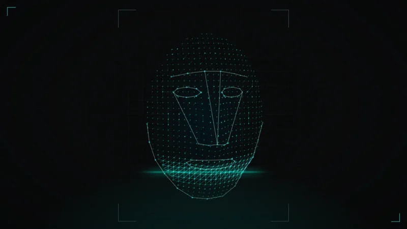 Abstract 3D face mesh rendered as a glowing point cloud