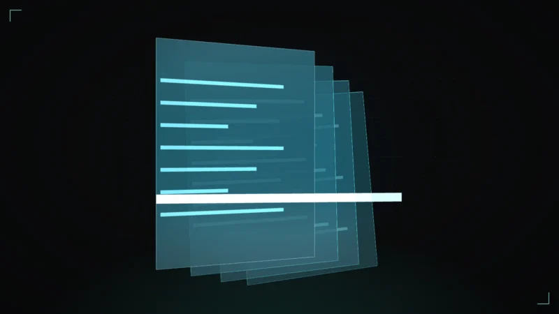 Abstract 3D stack of translucent documents under a scanning line