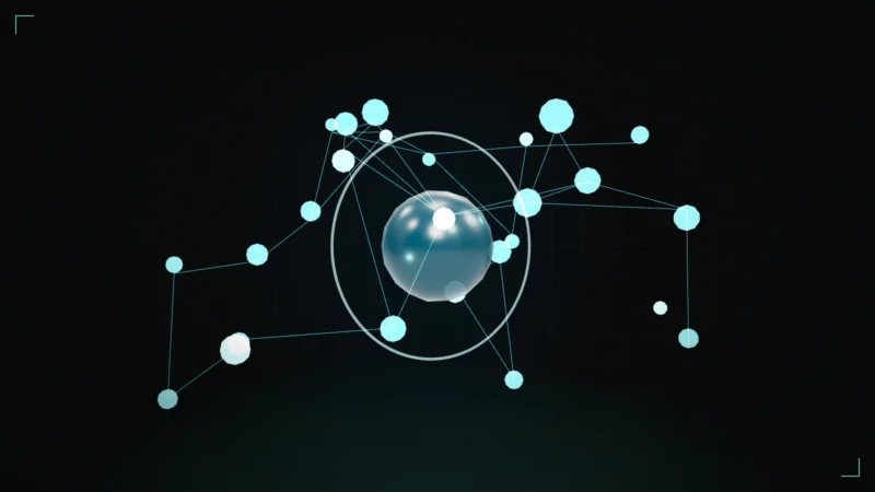 Abstract 3D identity graph of glowing nodes linked around a central core