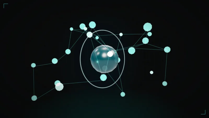 Abstract 3D identity graph of glowing nodes linked around a central core