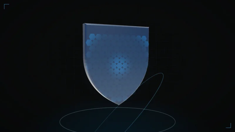 Abstract 3D shield with an orbiting ring, rendered in T4TRUST teal on a dark grid