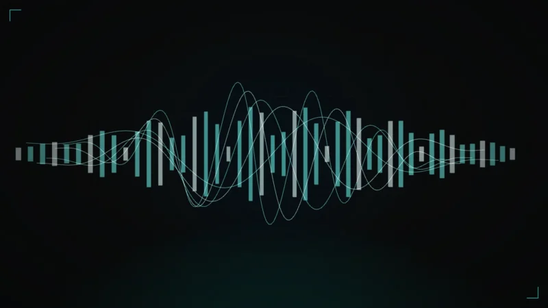 Abstract 3D voice waveform rendered as glowing ribbons and level bars