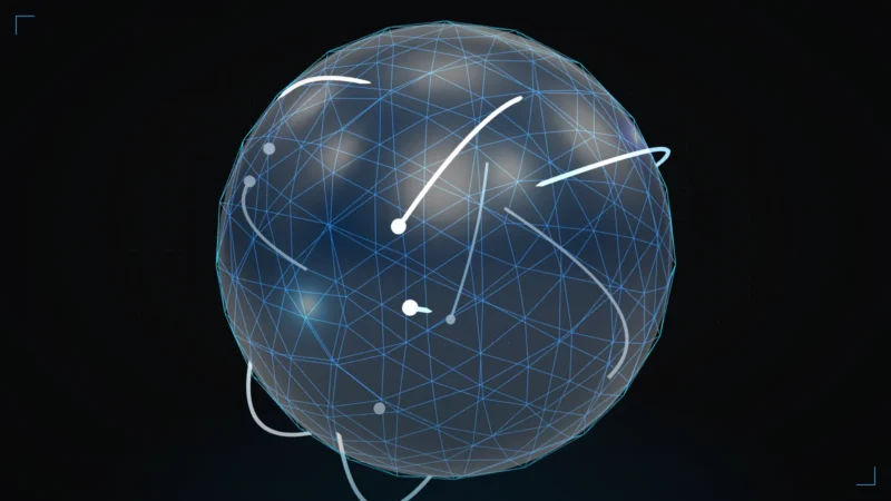 Abstract 3D wireframe globe with glowing route arcs between destinations