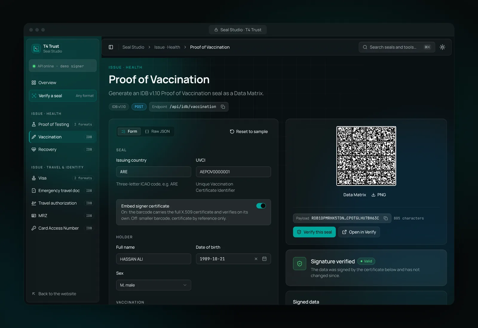 Seal Studio form for a Proof of Vaccination with the generated Data Matrix seal