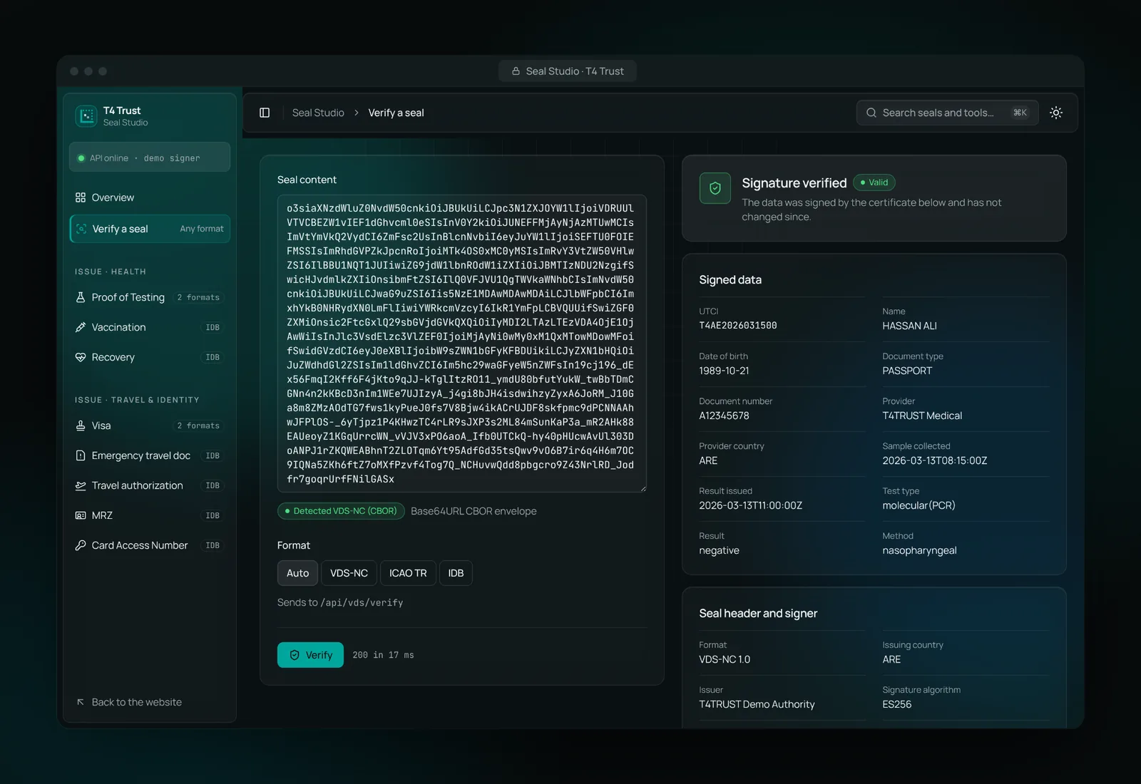Seal Studio verify page showing Signature verified, the signed data and the signer certificate