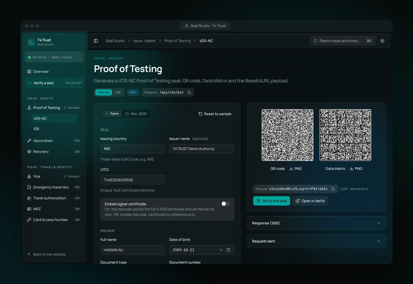 A Proof of Testing seal generated as both a QR code and a Data Matrix