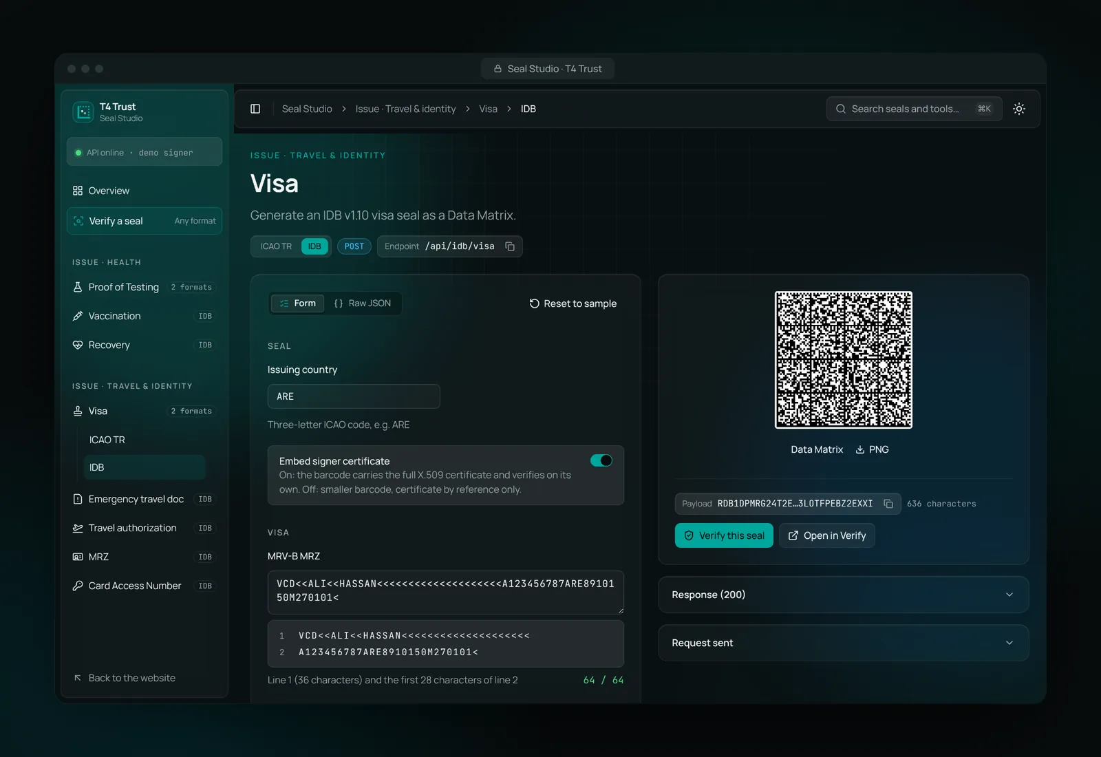 Seal Studio generating a visa seal as a Data Matrix