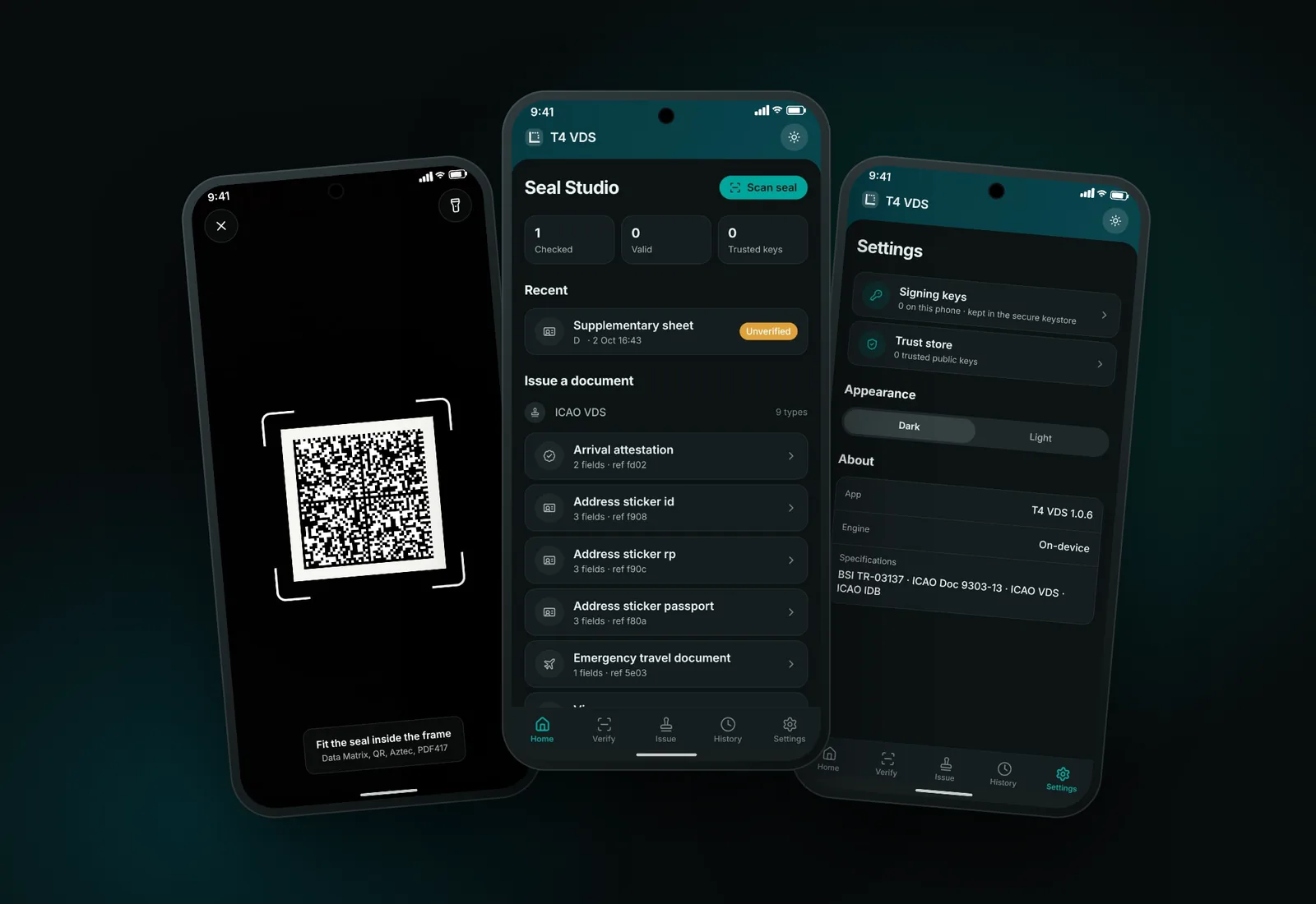 Three phones running the T4 VDS app: the seal scanner, the home screen and settings