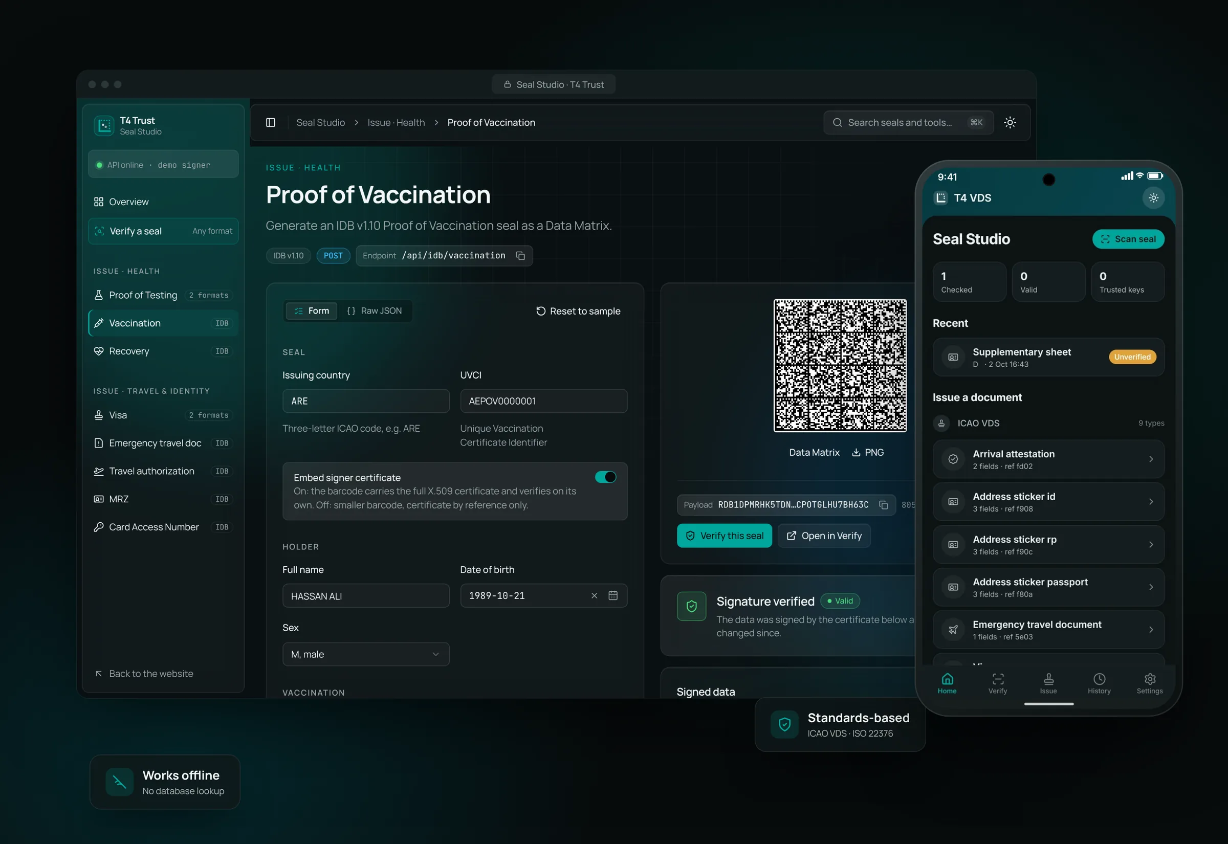 T4 Seal Studio issuing a Proof of Vaccination seal on a laptop, next to the T4 VDS mobile app